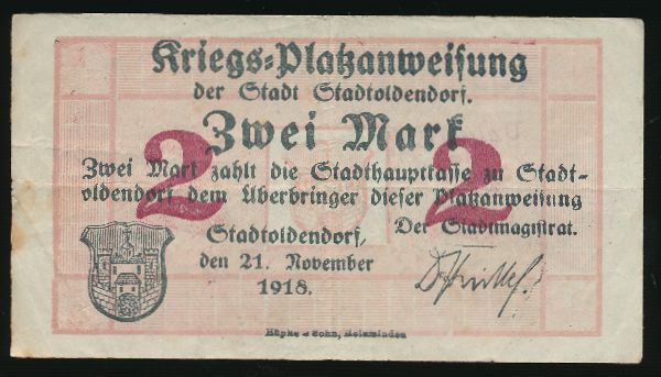 Штадтольдендорф., 2 марки (1918 г.)
