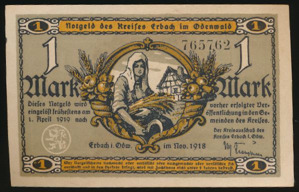 Эрбах в Оденвальде., 1 марка (1918 г.)