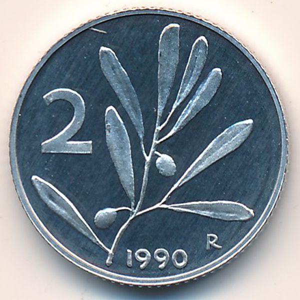 Италия, 2 лиры (1990 г.)