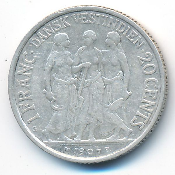 Датская Западная Индия, 1 франк/20 центов (1907 г.)