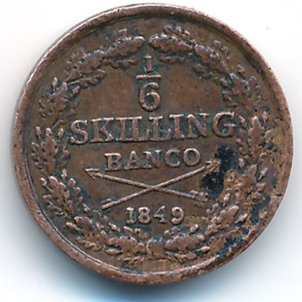 Швеция, 1/6 скиллинга (1849 г.)