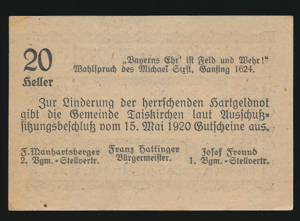Нотгельды Австрии, 20 геллеров (1920 г.)