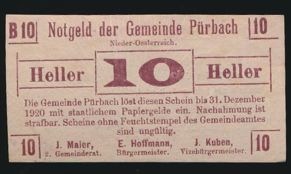 Нотгельды Австрии, 10 геллеров (1920 г.)