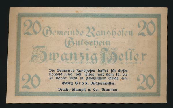 Нотгельды Австрии, 20 геллеров (1920 г.)