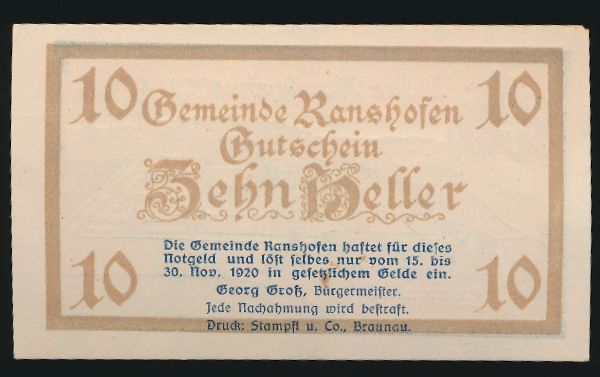 Нотгельды Австрии, 10 геллеров (1920 г.)