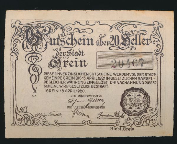 Нотгельды Австрии, 20 геллеров (1920 г.)