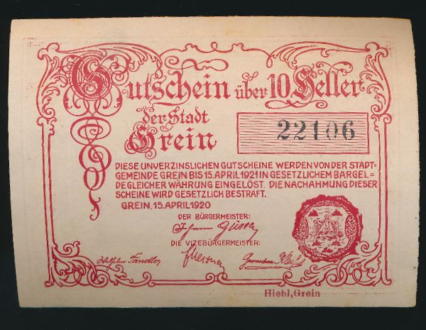 Нотгельды Австрии, 10 геллеров (1920 г.)