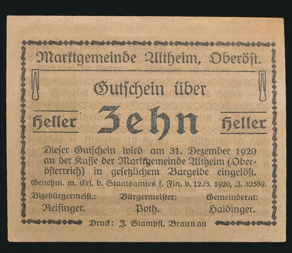 Нотгельды Австрии, 10 геллеров (1920 г.)