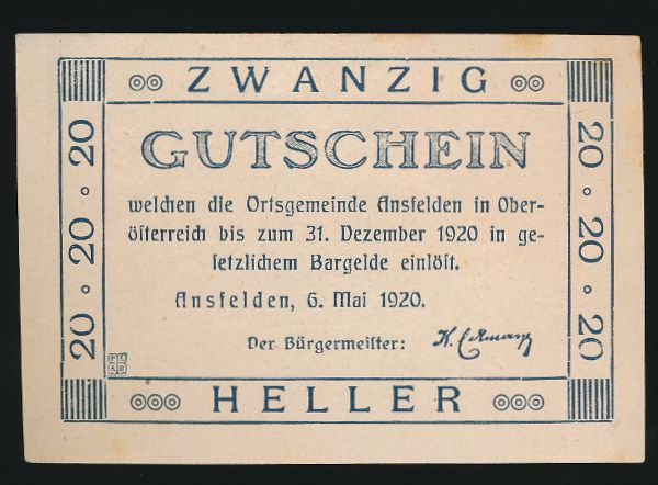 Нотгельды Австрии, 20 геллеров (1920 г.)