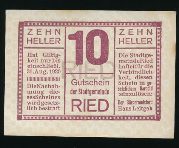 Нотгельды Австрии, 10 геллеров (1920 г.)