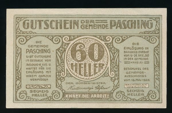 Нотгельды Австрии, 60 геллеров (1920 г.)