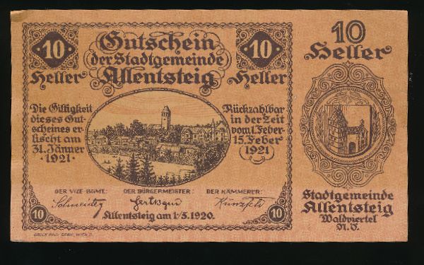 Нотгельды Австрии, 10 геллеров (1921 г.)