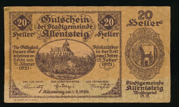Нотгельды Австрии, 20 геллеров (1921 г.)