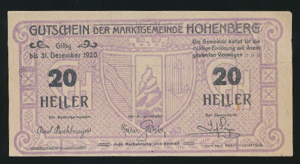 Нотгельды Австрии, 20 геллеров (1920 г.)