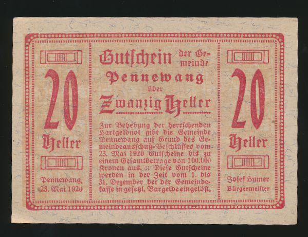 Нотгельды Австрии, 20 геллеров (1920 г.)