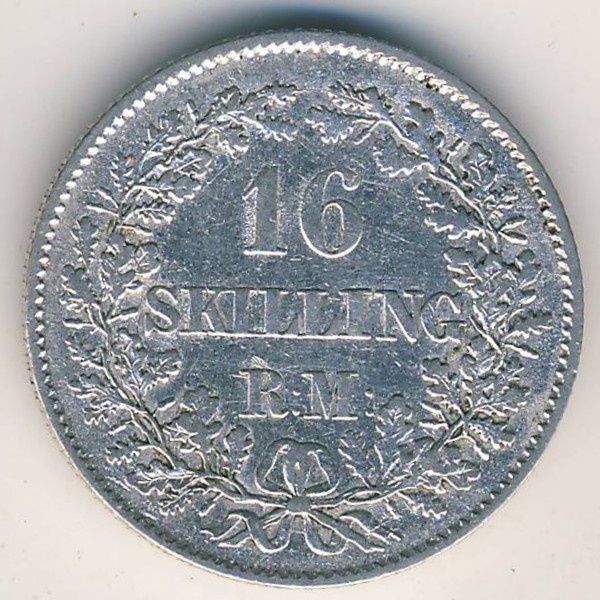 Дания, 16 скиллингов ригсмонт (1857 г.)