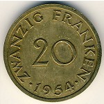 Saarland, 20 franken, 1954