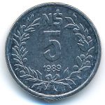 Uruguay, 5 nuevos pesos, 1989