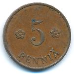 Finland, 5 pennia, 1929